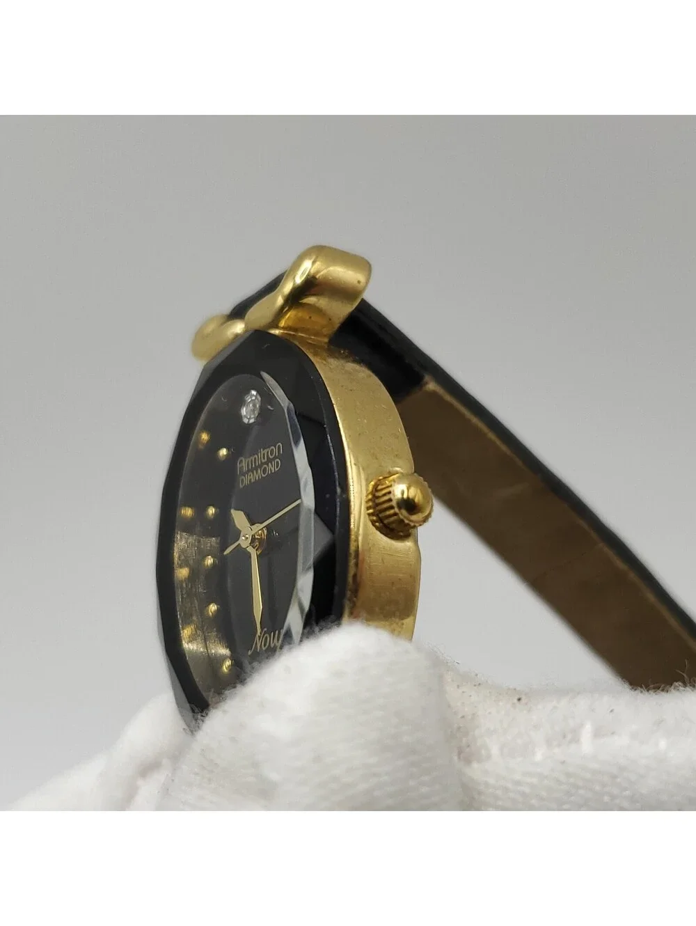Armitron Diamond Now Black Dial Oval Gold Tone Case Watch New Battery 18mm